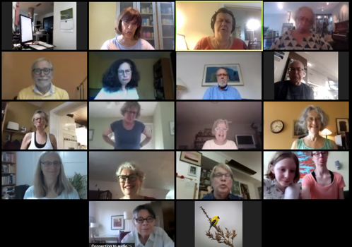 a grid of adult choir members attending rehearsal on Zoom